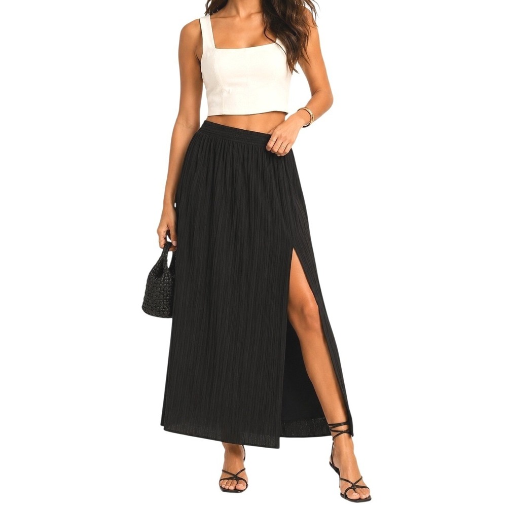 Lulus Black Pleated Maxi Skirt Side Slit Elastic Waist Size M NWT